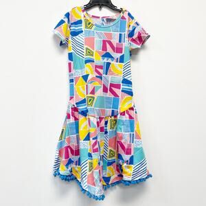 Dot Dot Smile Girls Geometric Print Flapper Dress Pom-Pom Trim Size 7